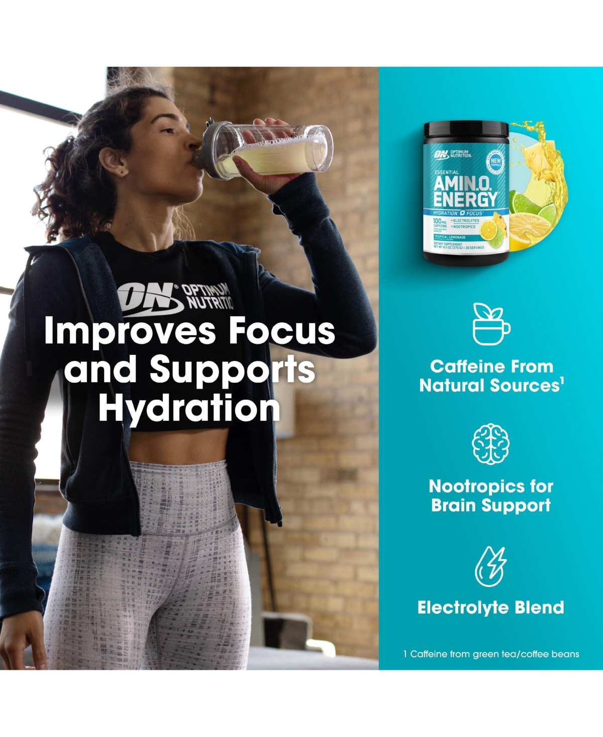 Optimum Nutrition Essential Amino Energy Hydration Plus Focus Powder, Tropical Lemonade, 30 Servings