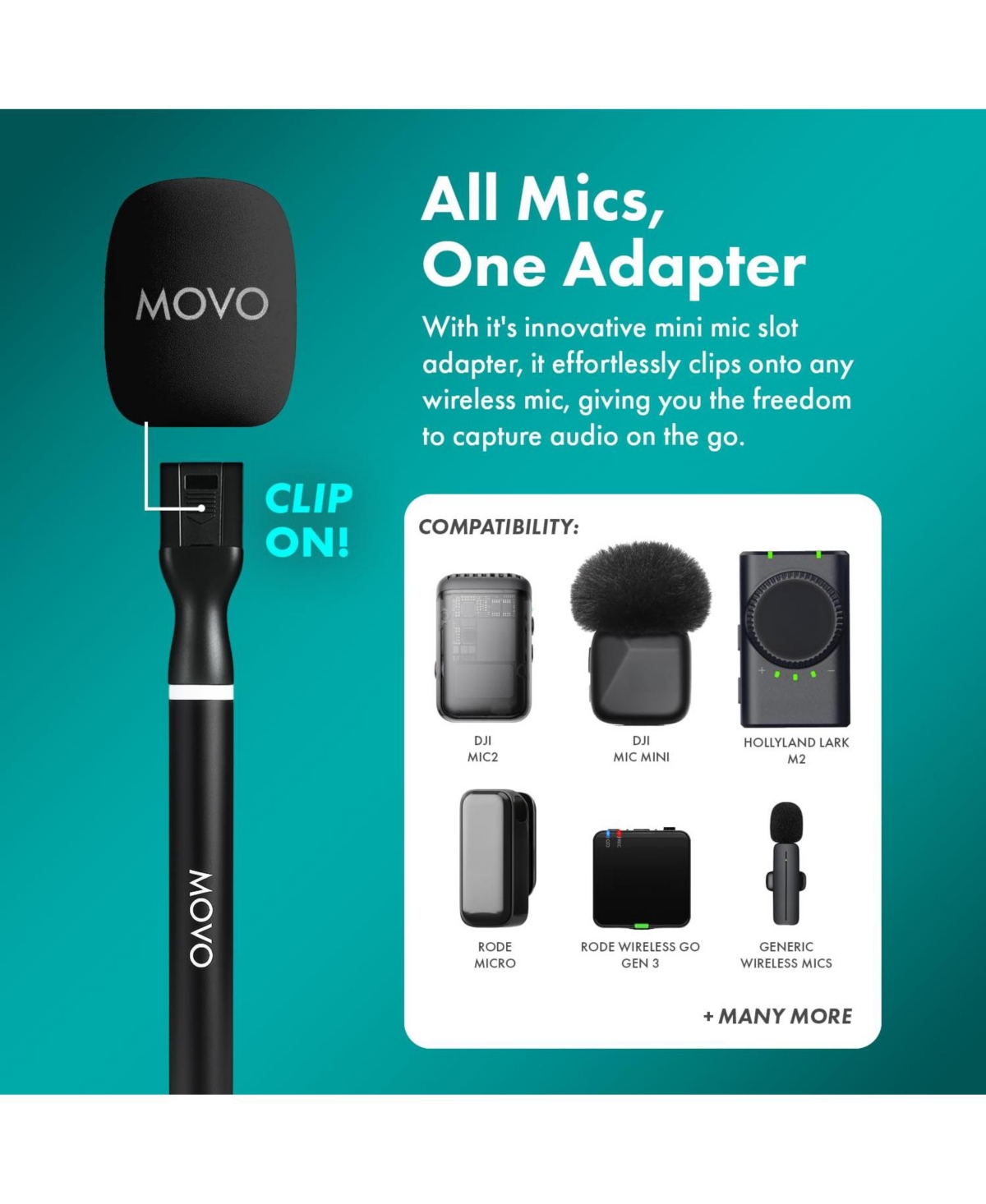 Movo NanoMic Dual Lightning Wireless Microphone for iPhone 14 and below (Lightning) w/ Wmx-HM2 Wireless Handle