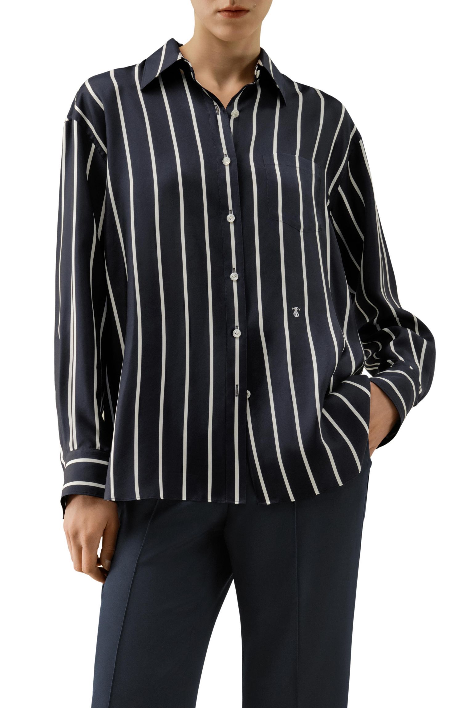 Women's Silk Twill Striped Button-Down Shirt