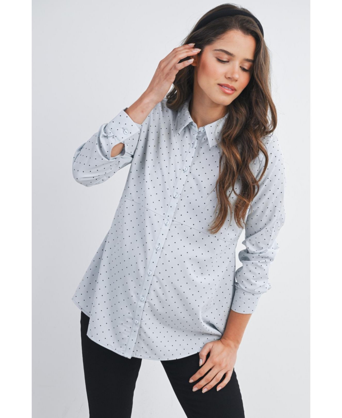 Hello Miz Maternity Button Down Polka Dot Long Sleeve Nursing Top