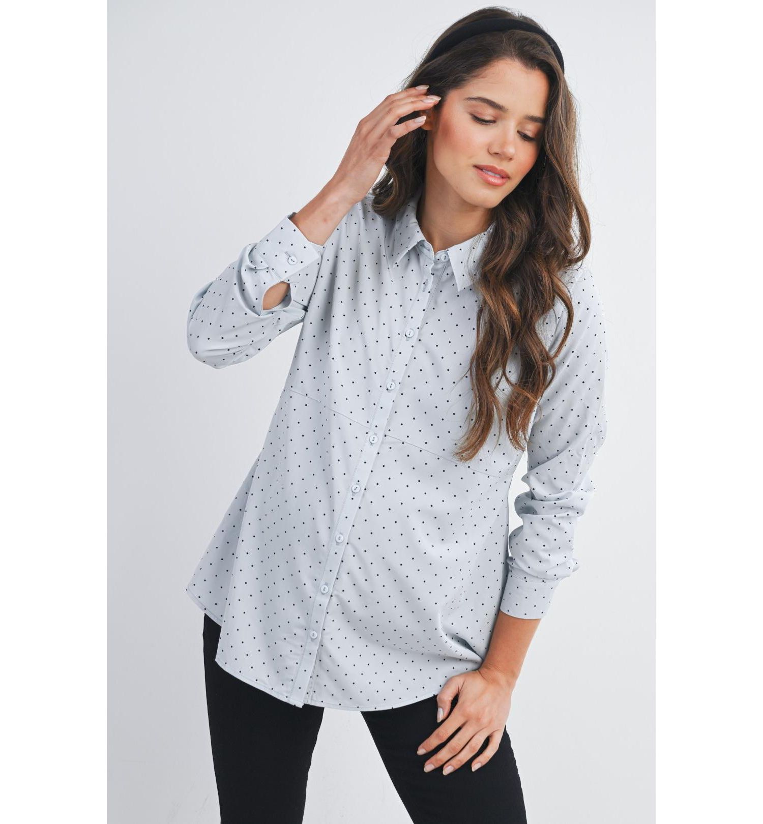 Maternity Button Down Polka Dot Long Sleeve Nursing Top