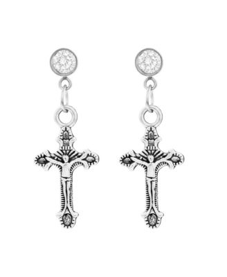 Stainless Steel Oxidized Cross Charm & CZ Huggie Hoop Earrings
