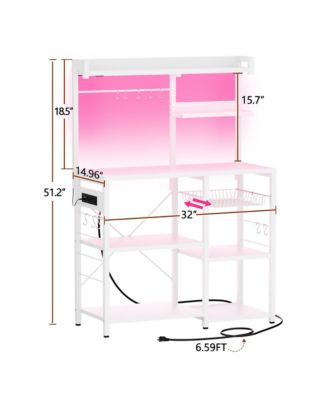 Kitchen Storage Shelf with Hooks, Coffee Bar Station with Power Outlets & LED Light, Bakers Rack with Pull-Out Basket