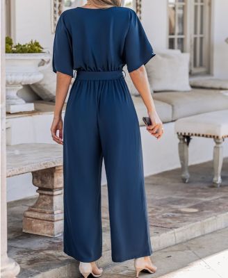 Women's Elegant Navy Jumpsuit with Waist Tie Belt