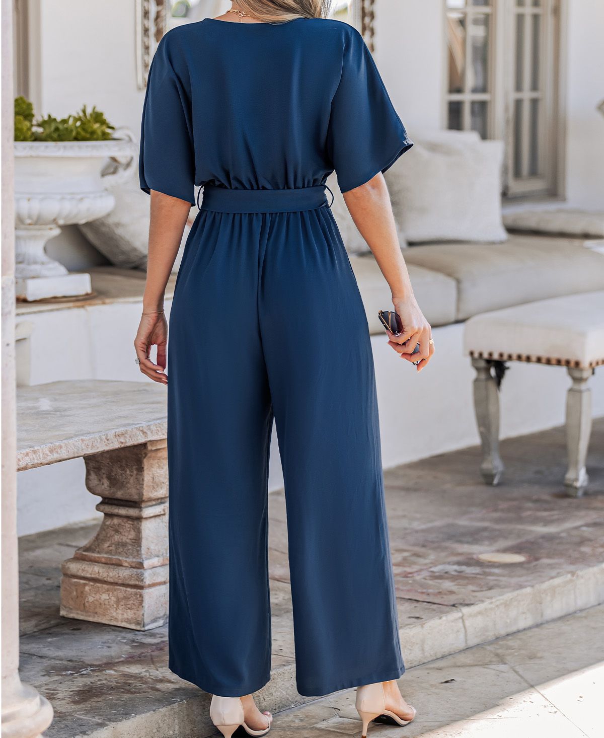 Cupshe Women's Elegant Navy Jumpsuit with Waist Tie Belt