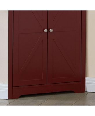 Tall Wooden Corner Cabinet with 2 Doors and 5 Shelves Storage Shelf Organizer (Red)