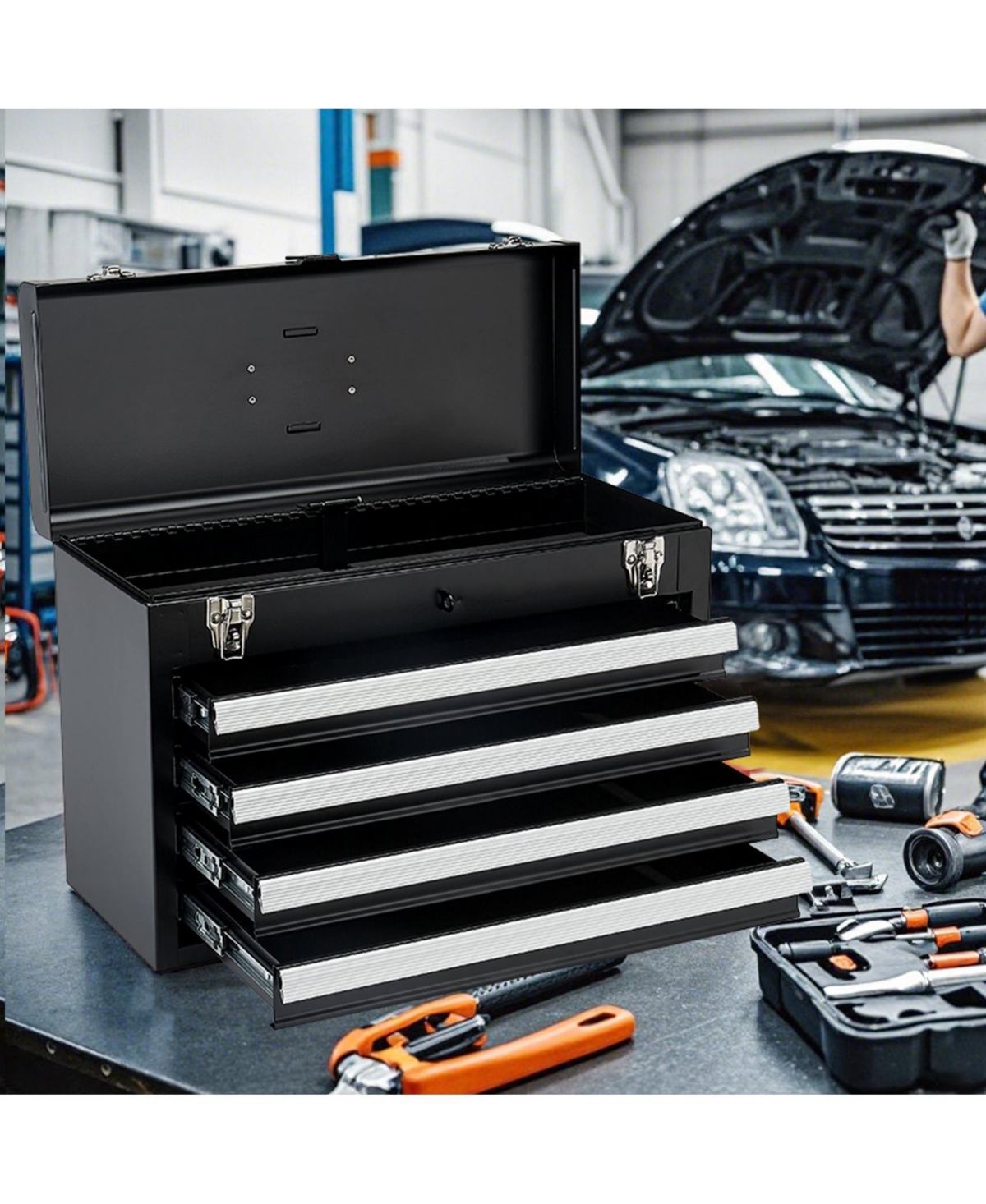 Mecale Metal Tool Box, 20.5", Portable 4-Drawer Tool Chest, Eva Liners, Locking Ball-Bearing Slides, Powder-Coat