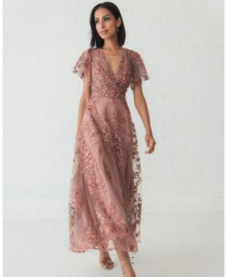 Mac Duggal Women's Embroidered Flutter Sleeve A Line V Neck Dress