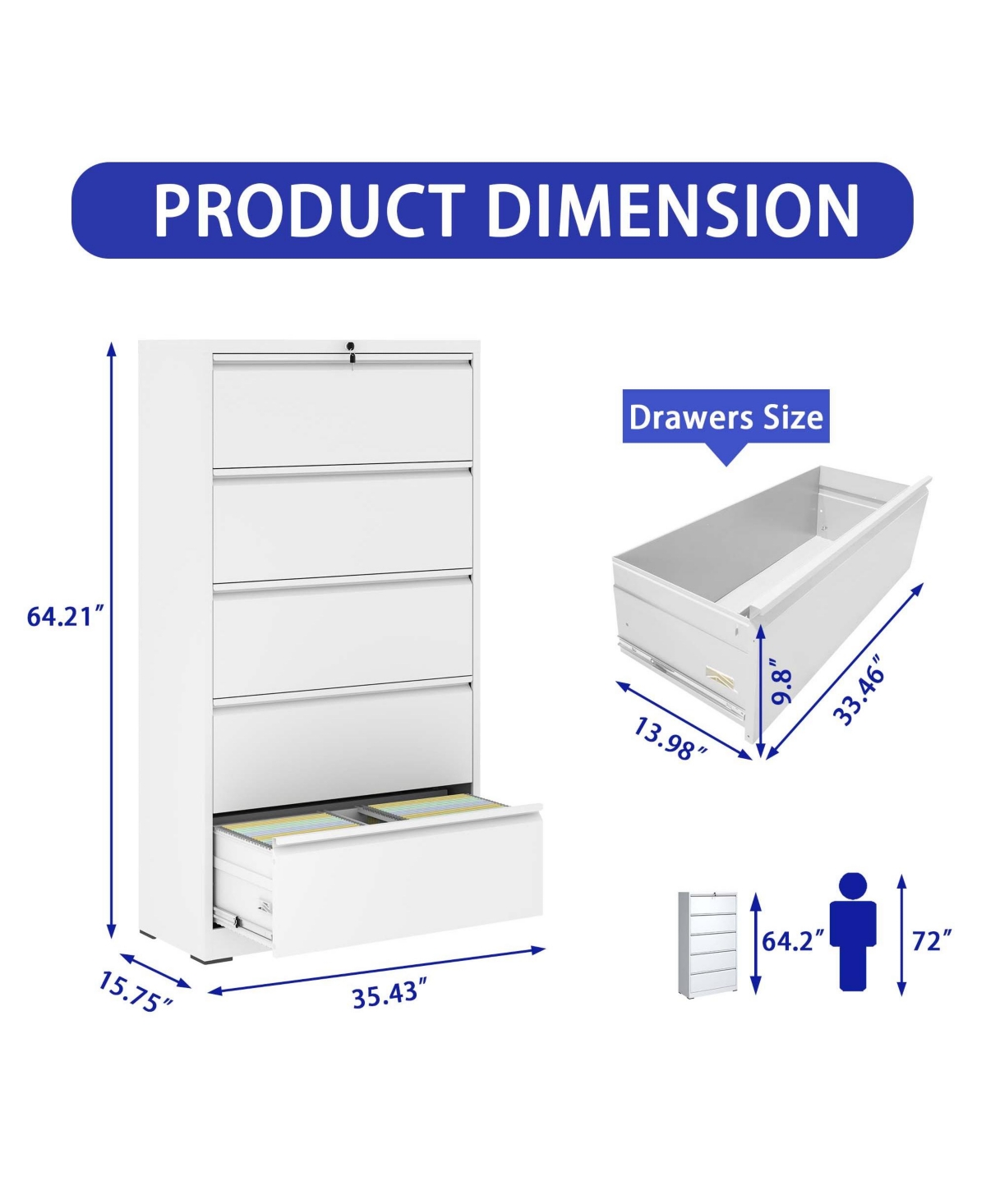 Boyel Living 5 Drawer Metal Lateral File Cabinet, White Filing Cabinet with Lock, Lockable File Cabinet for Home Office, Locking Metal File Cabinet