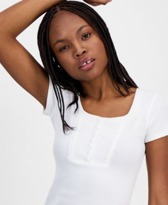 Juniors' Ribbed Lace-Yoke Top
