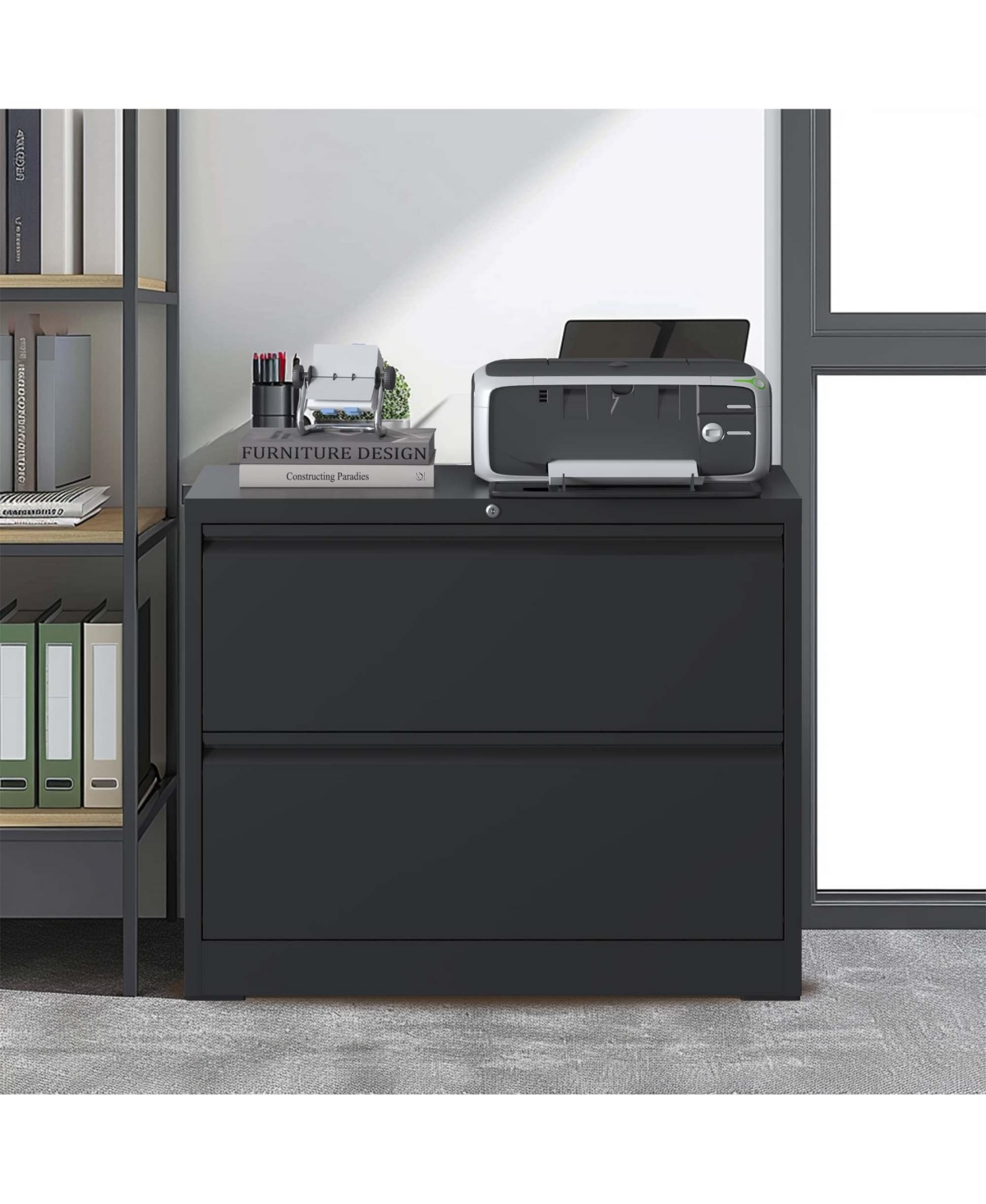 Boyel Living Lateral File Cabinet 2 Drawer, Black Filing Cabinet with Lock, Lockable File Cabinet for Home Office