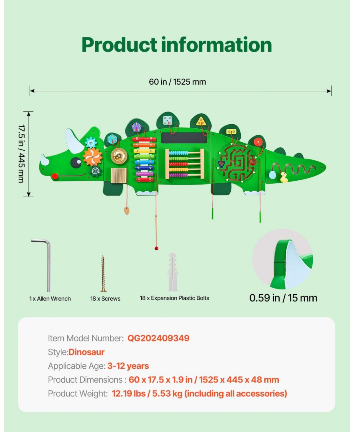 Mecale Dinosaur Activity Wall Busy Board, Montessori Sensory Wall Panel with 11 Activities for Kids Ages 3–12