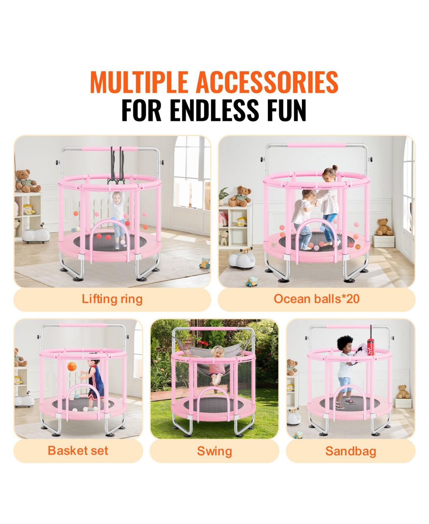 Детская игрушка Mecale Kids Trampoline, 55", Indoor/Outdoor with Enclosure Net & Basketball Hoop, Ages 3+, цвет: Розовый — фото 7