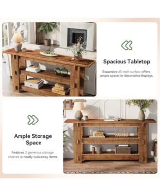 63-Inch Solid Wood Console Table, Farmhouse Sofa Table Behind Couch with Storage Shelves, Entryway Furniture