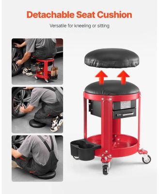 Rolling Mechanic Stool, 300-Lb Capacity, Fixed-Height Padded Seat w/ Tool Tray & 2 Drawers, Red/Black