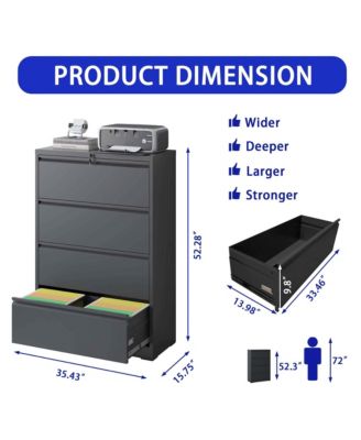 Lateral File Cabinet 4 Drawer, Black Filing Cabinet with Lock, Lockable File Cabinet for Home Office