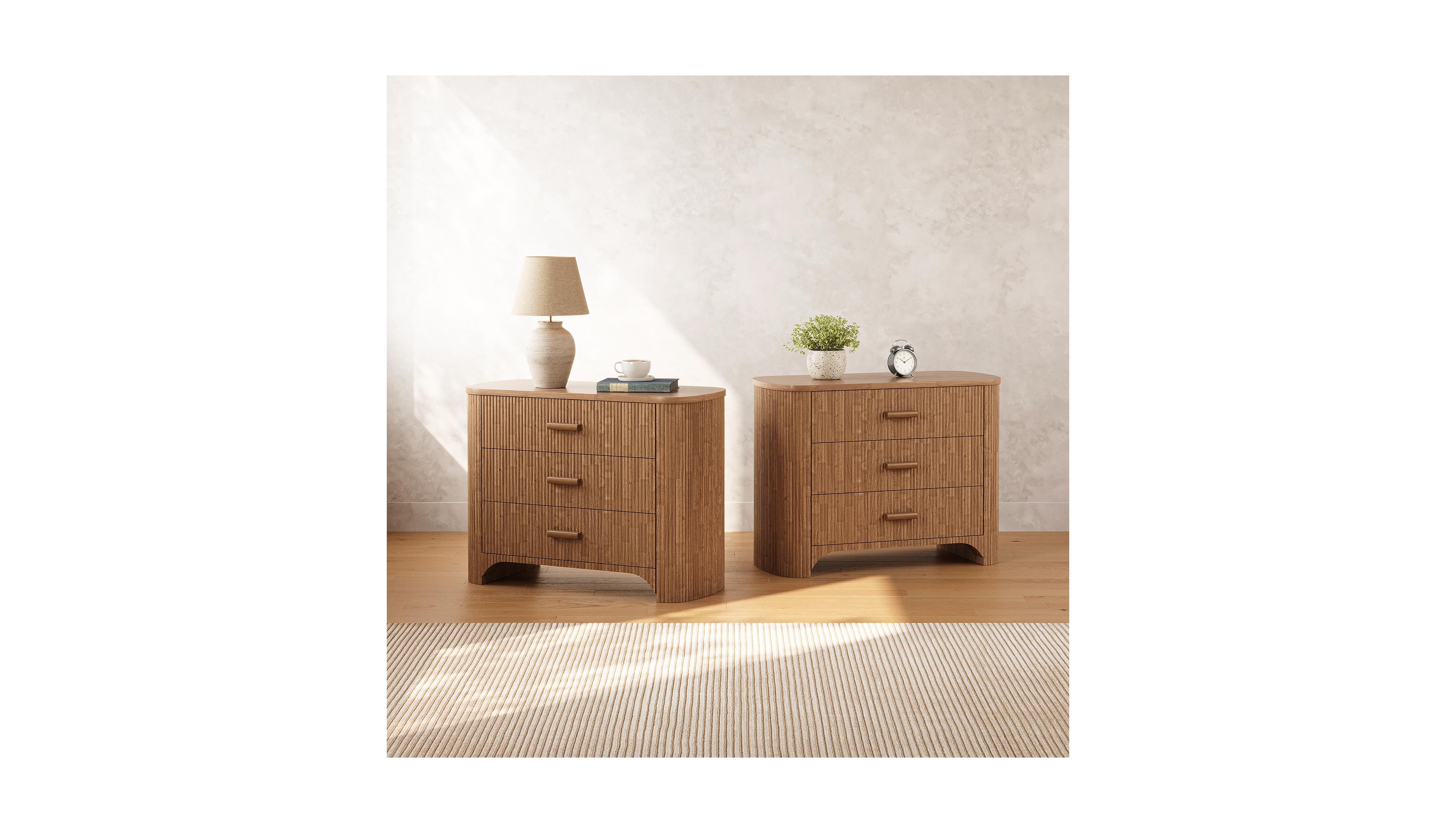 Tribesigns Large Nightstand with 3 Drawers Set of 2, Mid Century Modern Oversized Bedside Table, Wide Nightstand with Fluted Striped Panel