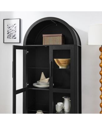 High Arched Storage Cabinet with Adjustable Glass Partitions and LED Lamp for Multi-Functional Use in Kitchens, Living rooms