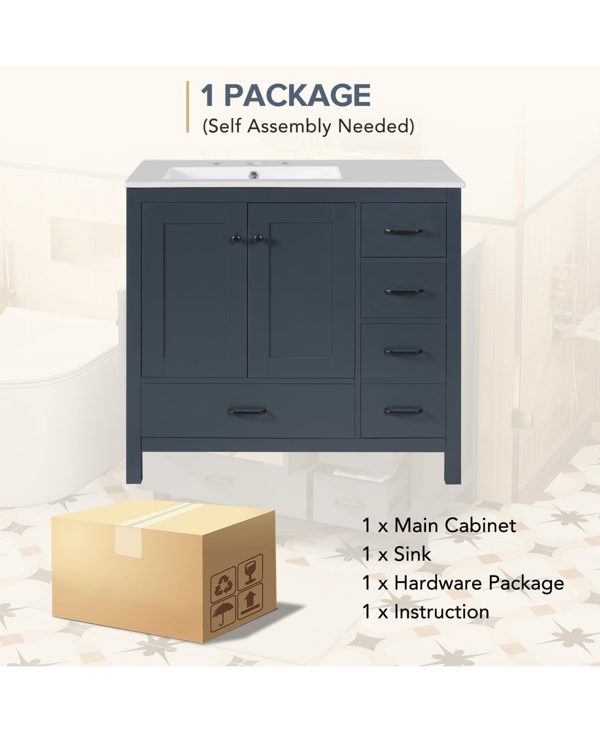Cesicia 36 in. Bathroom Vanity with Ceramic Sink Combo, Abundant Storage Cabinet with 2 Soft Close Doors and 5 Drawers