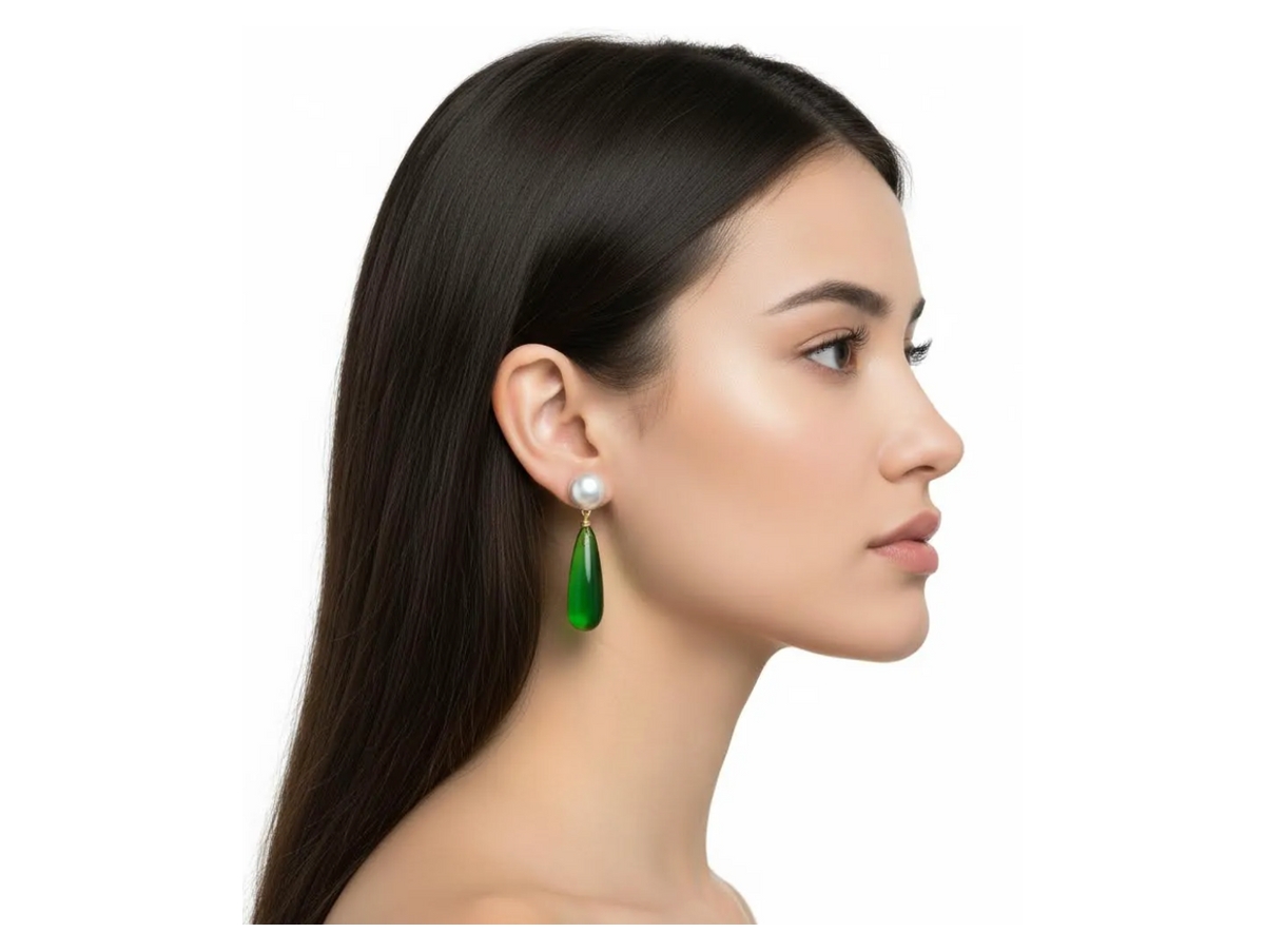 Rivka Friedman Pearl + Green Elongated Teardrop Drop Earring
