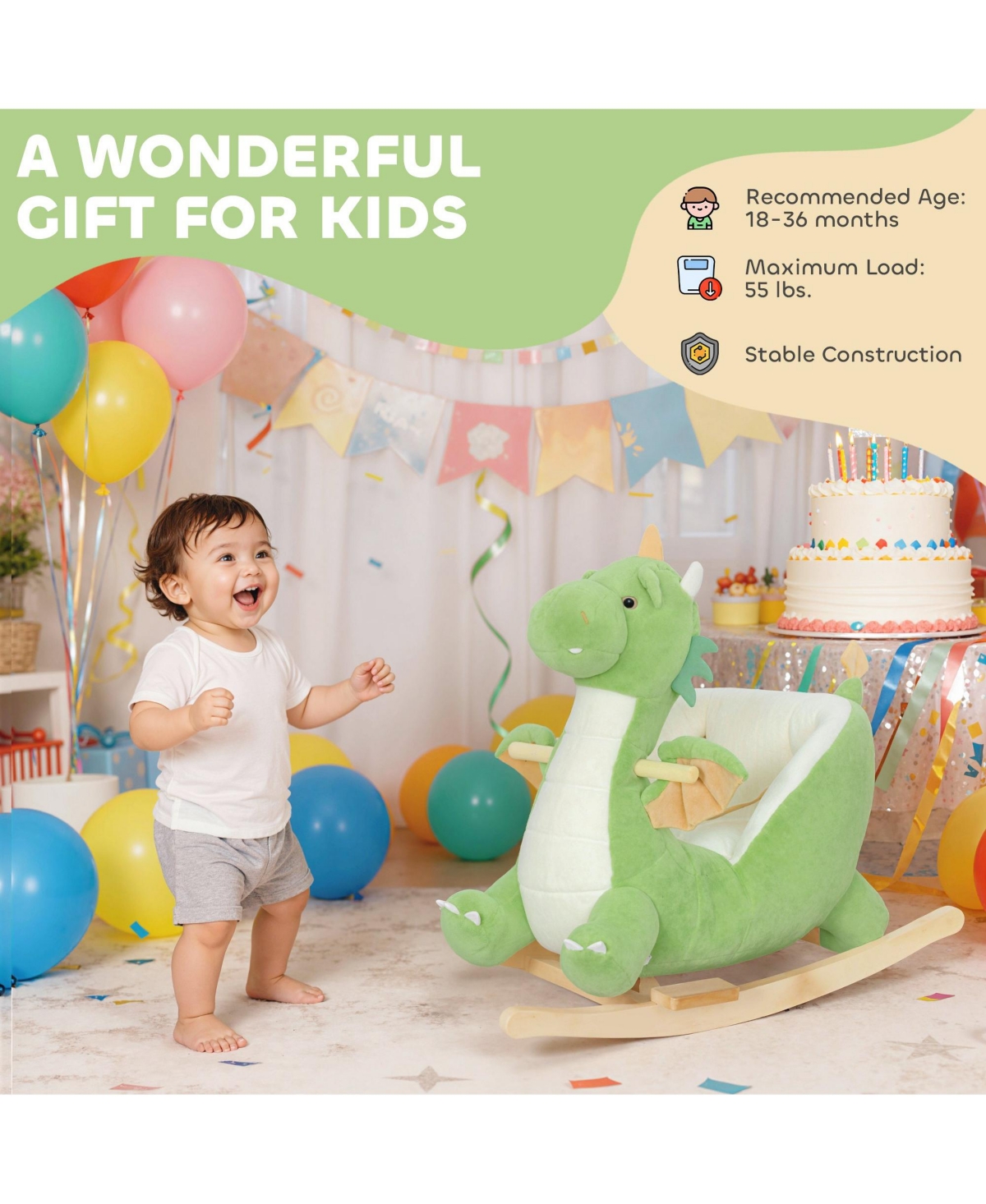 Qaba Baby Rocking Horse, Ride Dragon with Realistic Dragon Roar,