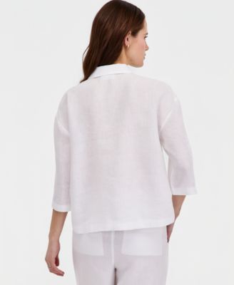 Women's 100% Linen Solid Roll-Tab Camp Shirt