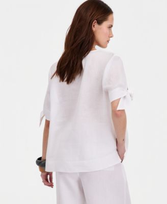 Women's 100% Linen Split-Neck Tie-Cuff Top, Created for Macy's
