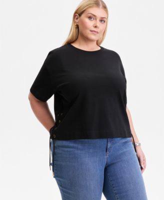 Plus Size Lace-Up-Side Cotton T-Shirt