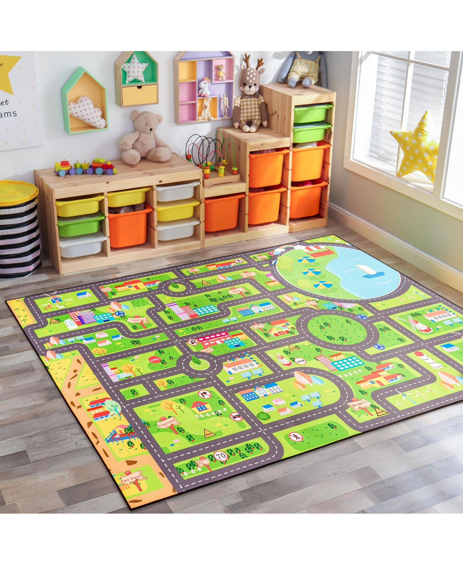 60"x79" City Roads Themed Washable Rug for Kids - For playrooms, classrooms, and bedrooms
