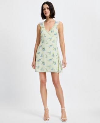 Women's Yellow Floral V-Neck Sleeveless Mini Dress