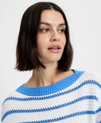 Women's Teddy Knit Open Stripe Boat Neck Sweater