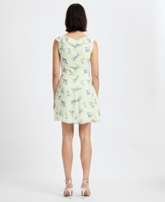 Women's Yellow Floral V-Neck Sleeveless Mini Dress