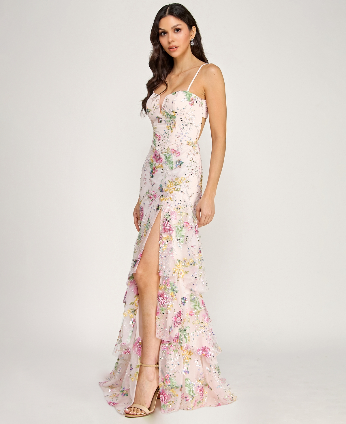 Say Yes Juniors' V-Neck Embroidered Sequin Corset Mermaid Gown