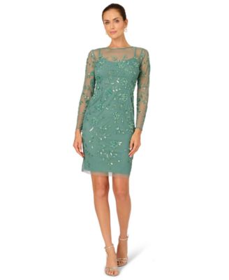 Women's Crew Neck Beaded Mesh Sheath Dress