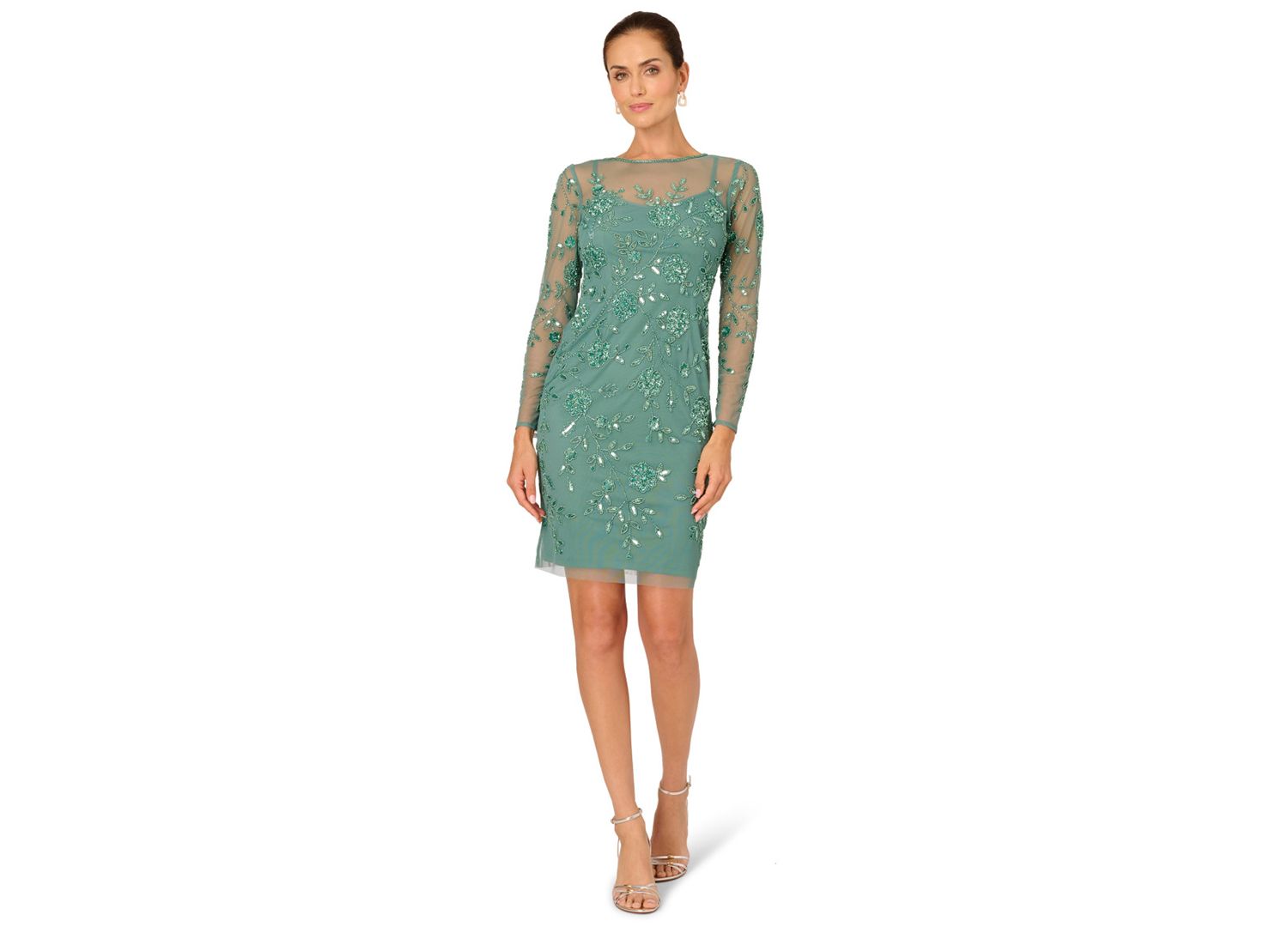 Women's Crew Neck Beaded Mesh Sheath Dress