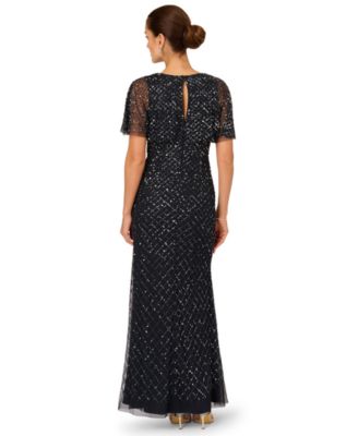 Women's Crew Neck Beaded Cowl Drape Ball Gown