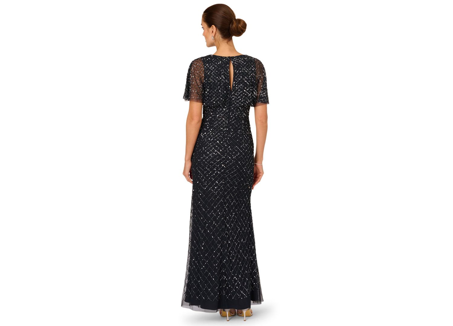 Women's Crew Neck Beaded Cowl Drape Ball Gown