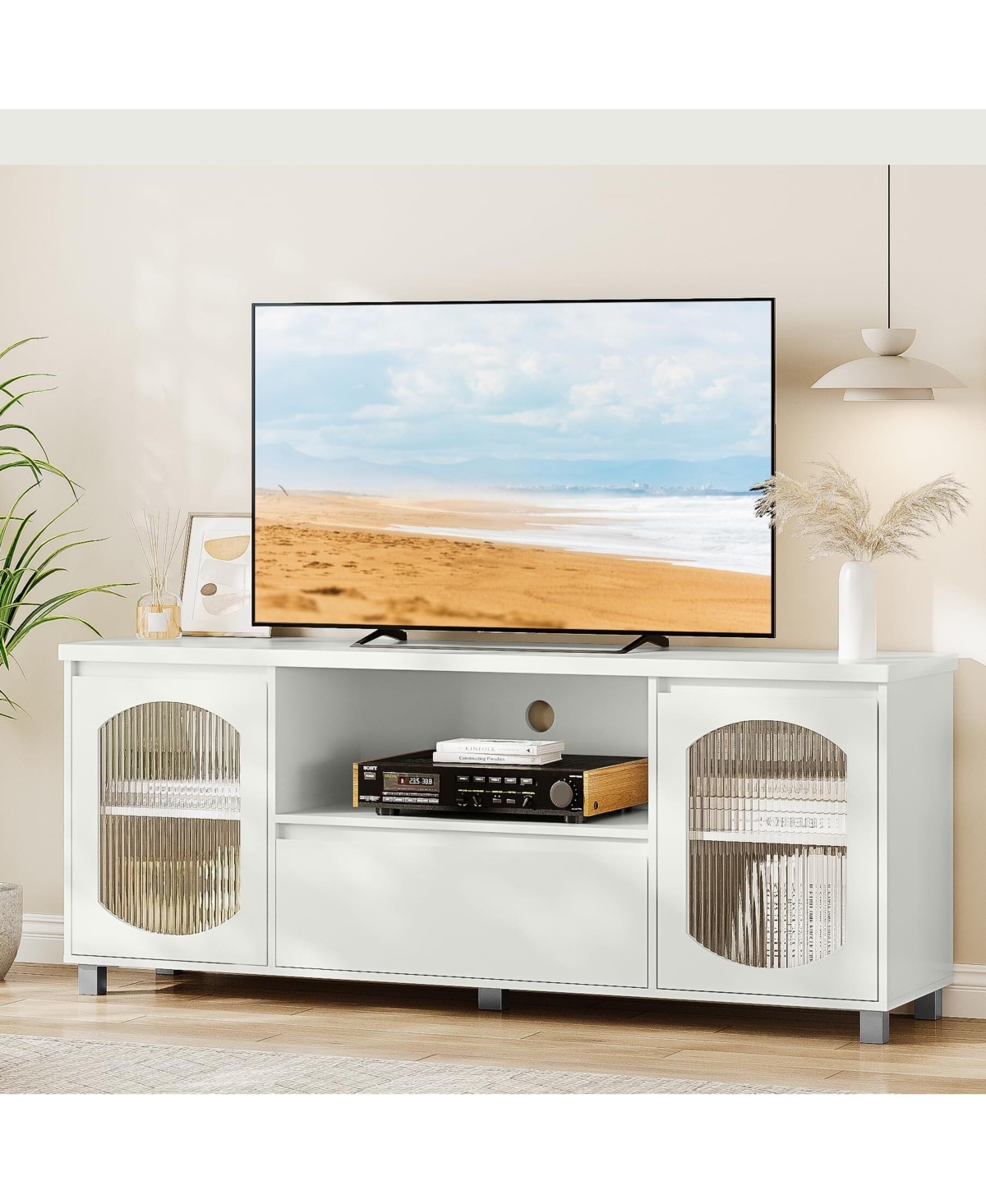 gaomon Modern Tv Stand for 65 Inch Tv, Tv Cabinet with Fluted Glass Door and Open Shelve, Tv Console with Storage Cabinets and Drawer