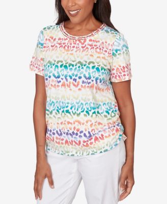 Petite  Rainbow Print Beaded Neck Ruched Top