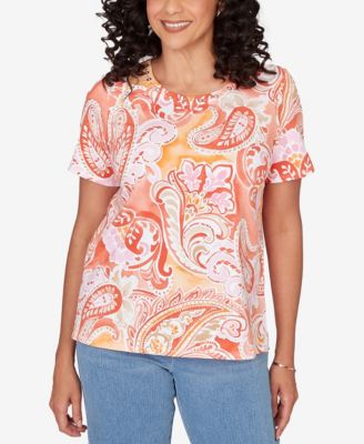 Petite  Paisley Beaded Neck Pleated Top