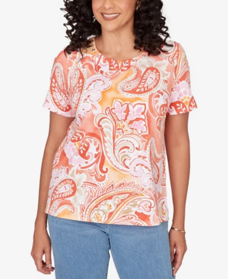 Petite Paisley Beaded Neck Pleated Top - Bright