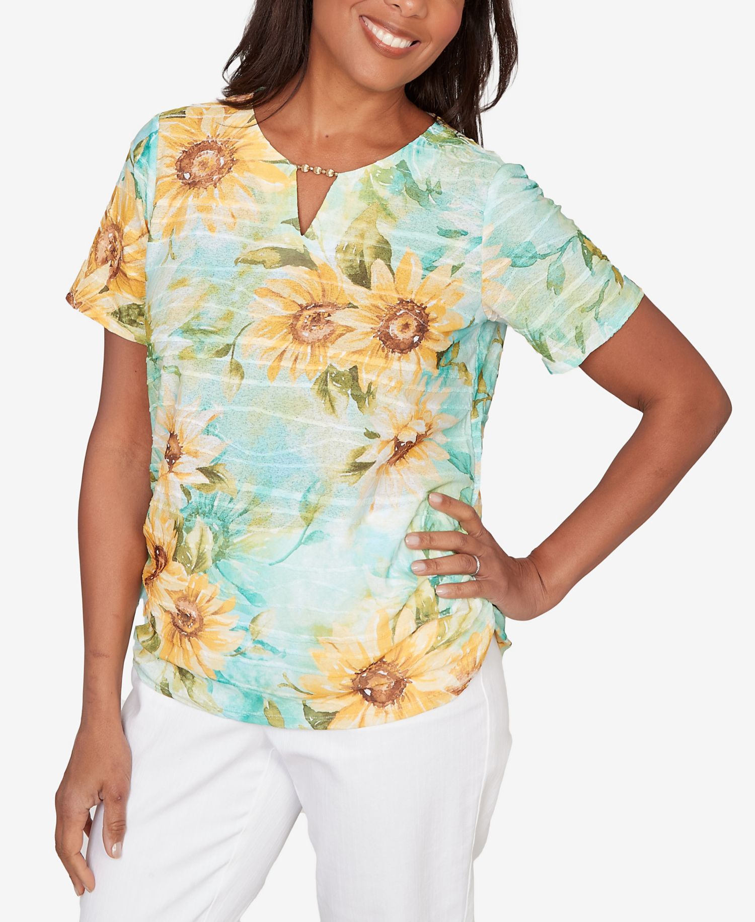 Petite Sunflower Split Neck Side Ruched Top