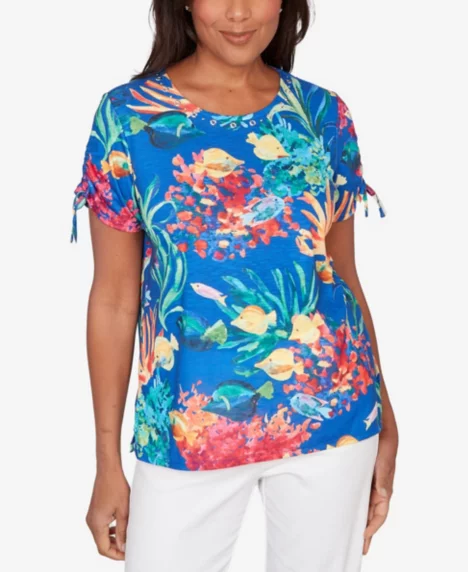 Petite Tropical Reef Tie Sleeve Top - Bright