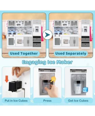 2 Piece Wooden Kids Play Kitchen Set with Refrigerator Sink Stove and Realistic Lights and Sounds