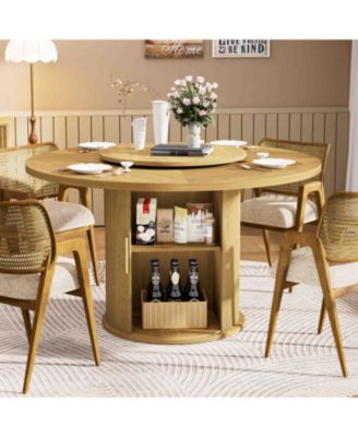 55-Inch Round Dining Table for Six with Double-Tiered Storage Rack and Rotating Top