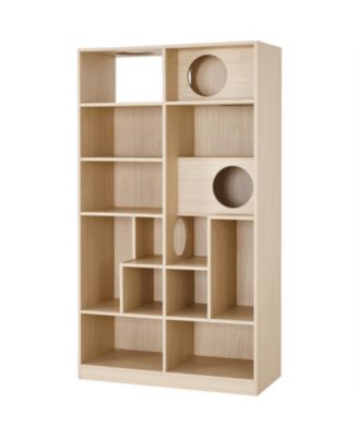 Cat House with Storage, Cat Litter Box Enclosure Climbing Shelf in Natural