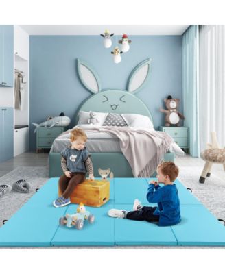 4-Panel PU Leather Folding Exercise Mat with Carrying Handles-Blue