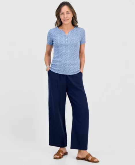 Petite Cotton Gauze Wide-Leg Pull-On Pants - Industrial Blue