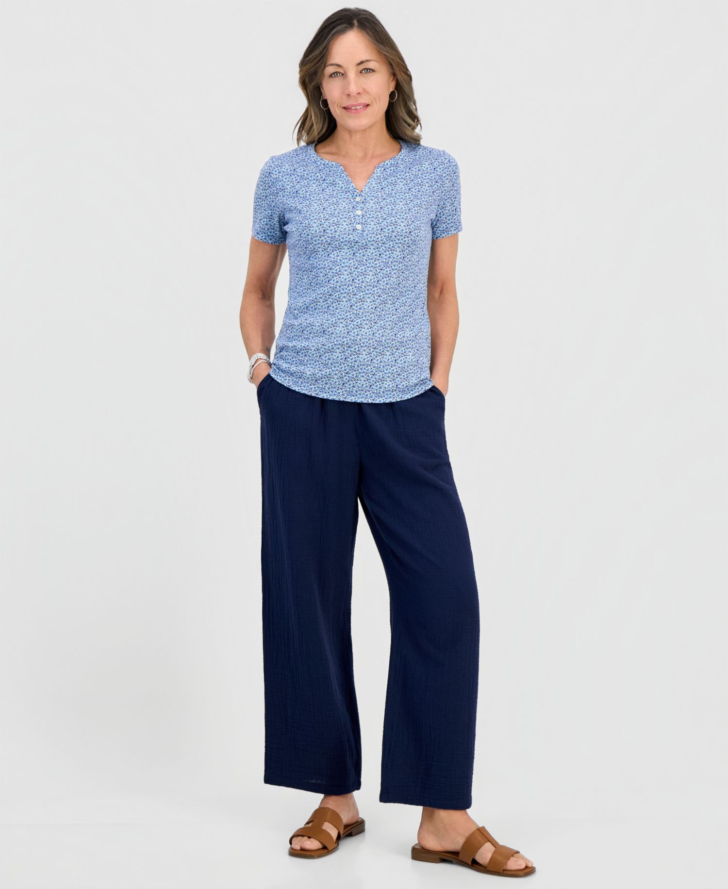 Petite Cotton Gauze Wide-Leg Pull-On Pants