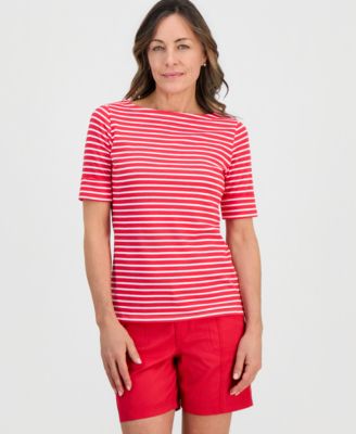 Petite Striped Boat-Neck Elbow-Sleeve Top